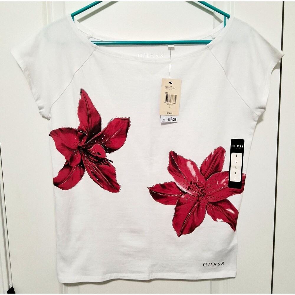 GUESS Women's Hibiscus Tee Floral Rhinestone White/Hot pink T-shirt Large NWT